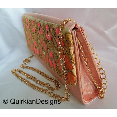 Coral Pink Fabric Clutch Purse With Pink And Gold Intricate Floral Embroidery, Wedding Clutch, Party Bag